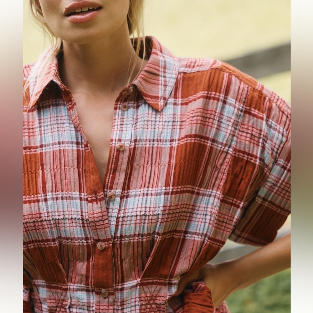 ANTHROPOLOGIE-Pilcro The Bobbie Short-Sleeve Fitted Waist Plaid BlouseXXS Petite - Picture 4 of 7